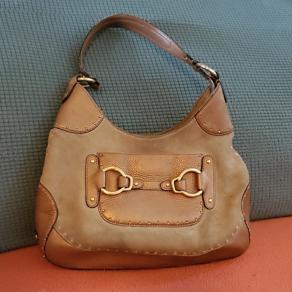 Cole Haan Tan and Brown Leather Shoulder Bag with Gold Hardware